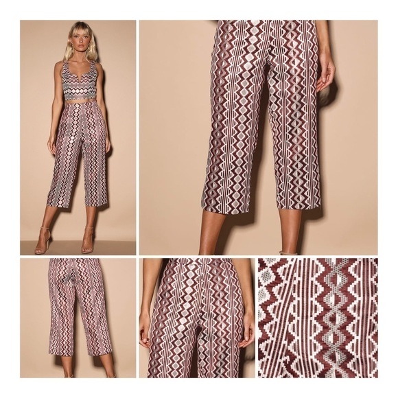 𝅺lulus Burgundy Multi Print Jacquard Culotte Pants - Picture 1 of 11